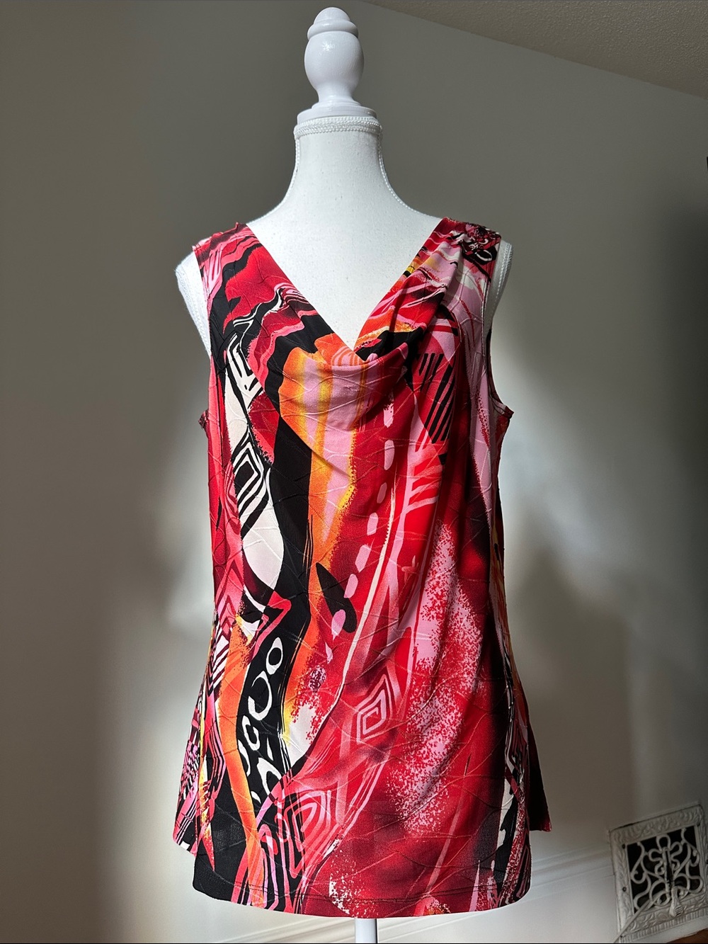BELLINA Vintage Abstract Art to Wear‎ Boho Preppy Cowl Neck Sleeveless Top XL